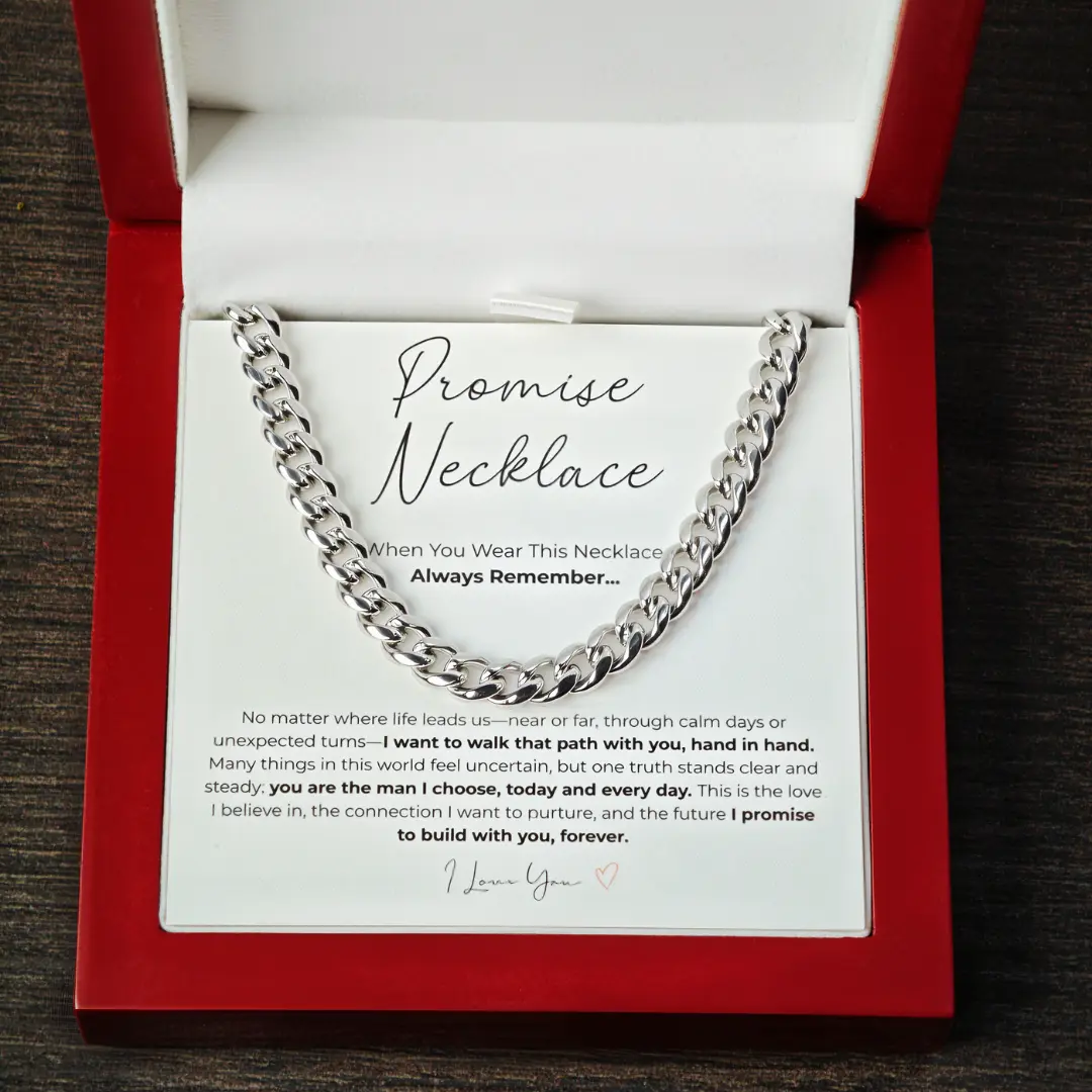 Promise Necklace for Boyfriend – Waterproof Stainless Steel Cuban Chain, Symbol of Love & Commitment, LED Wooden Box Gift for Valentine’s Day & Birthday – Veyla