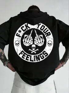Men's "F*ck Your Feelings" Skull Print Hooded T-Shirt, Casual Streetwear Loose Fit Tee, Breathable Summer Hoodie Top #SkullPrintHoodie #StreetwearTShirt #AttitudePrintTee #LooseFitHoodedTop #TikTokMadeMeBuyIt