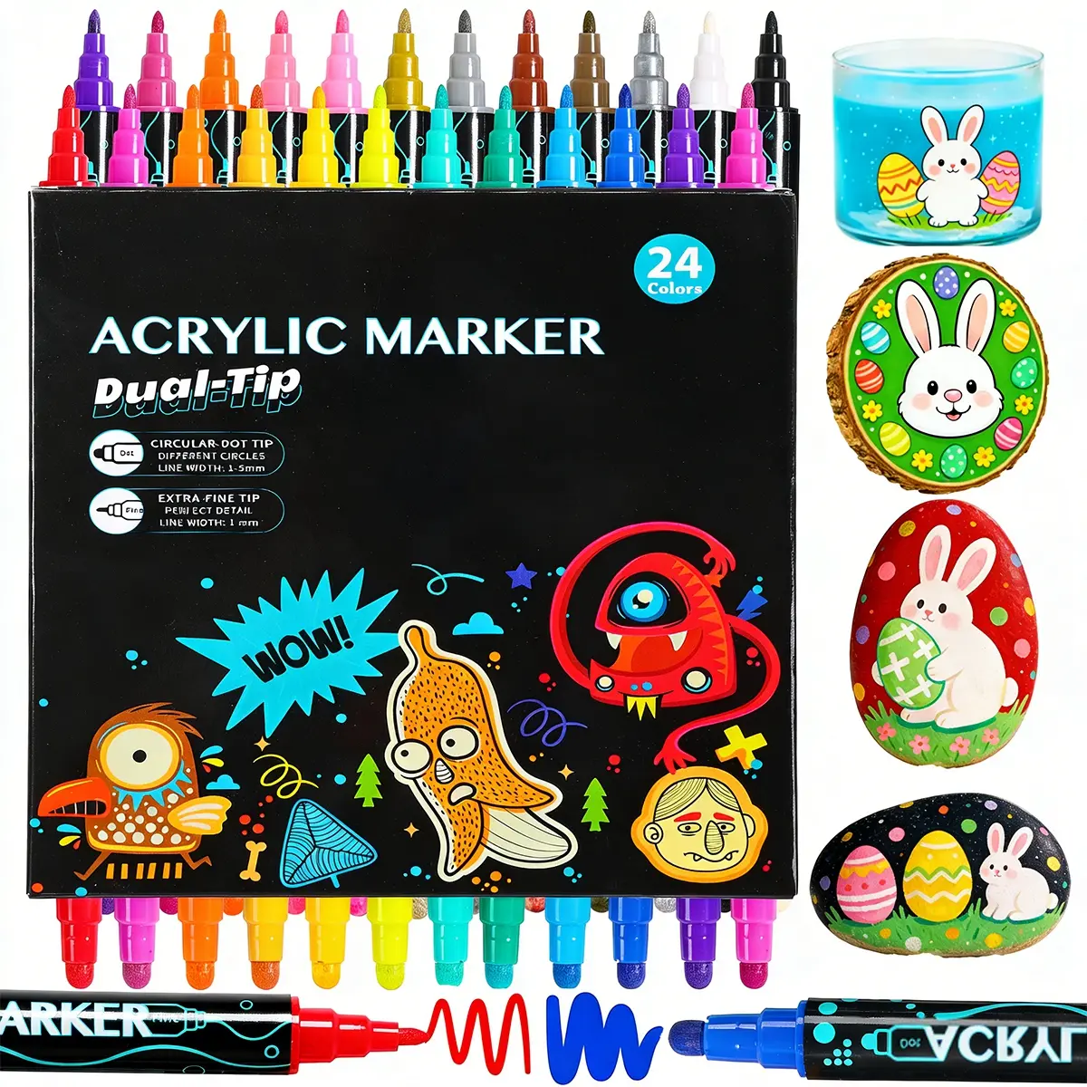 24 Dual-Tip Brush Tip Acrylic Markers - High Pigment Office Stationery Writing & Journaling Supplies, Colorful Marker Set for DIY Crafts, Thanksgiving Gifts for Teens, Markers For Coloring, Smooth