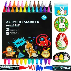 24 Dual-Tip Acrylic Paint Pens Markers for Rock Wood Fabric Glass Craft Canvas Ceramic Easter Gift Idea for Teens Grandkids Kids Nail Art Markers - DIY Crafts Art Supplies High Pigment