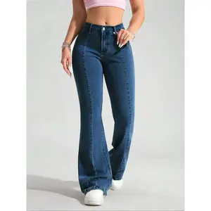 Women’s blue-washed denim woven flared pants — fashionable, comfortable, versatile elastic jeans; fitted long leggings suitable for all seasons