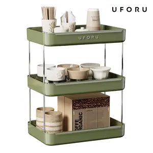 UFORU 2/3 Tier Cup Drying Rack, Vintage Countertop Cup Storage Organizer with Drain Tray, Multilayer Kitchen Mug Holder, White/Black/Green Home Desktop Water Cup Stand