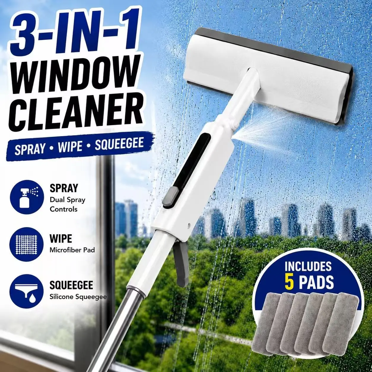 3-in-1 Spray-Wipe-Squeegee Window Cleaning Kit with Adjustable Pole, 5 Replacement Pads for High/Low Glass, Windows/Mirrors & Glass Surfaces