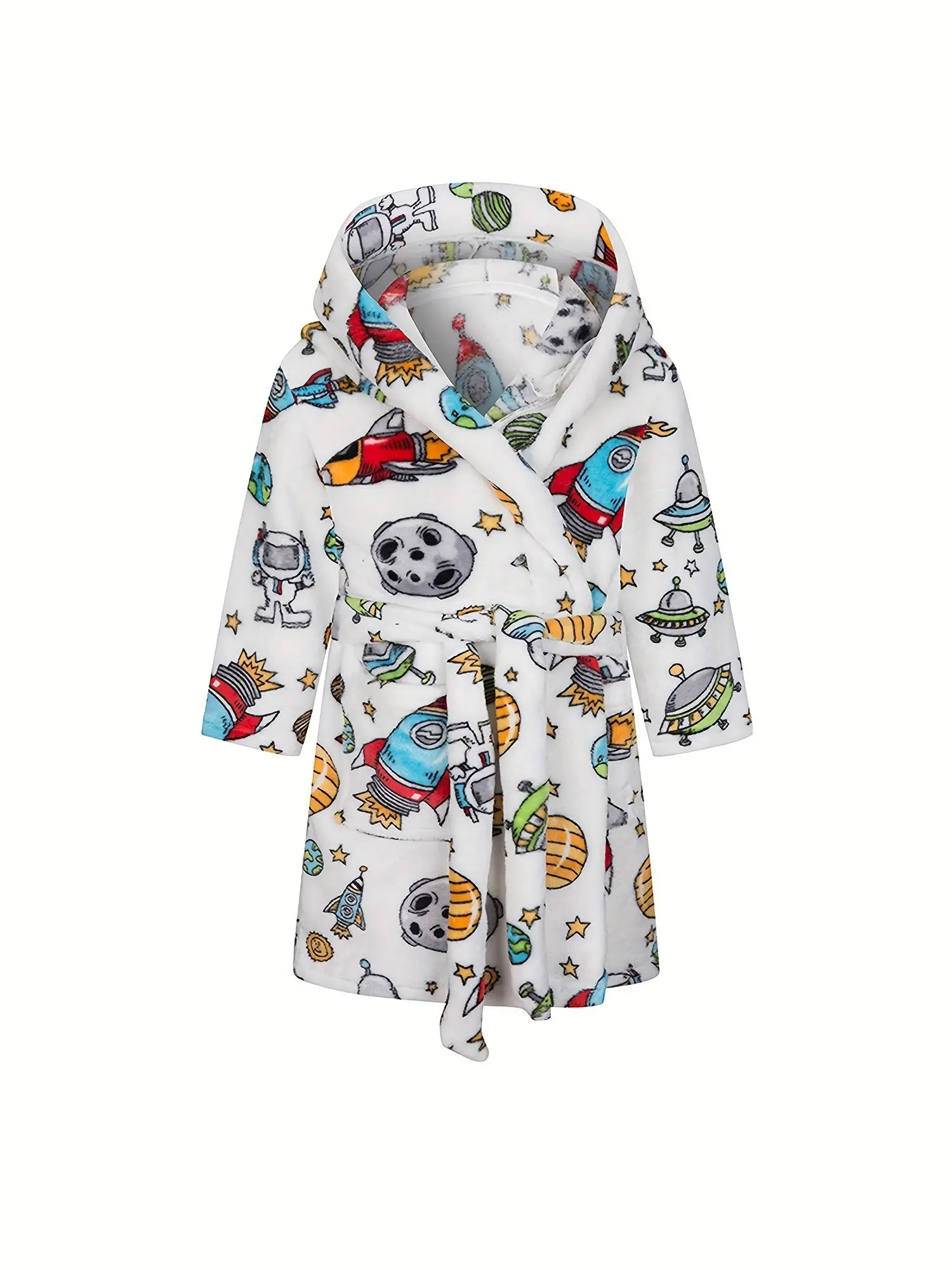 Kids Astronaut Hooded Bathrobe - Cute White Polyester Long Sleeve Full Sleeves Graphic Outer Space Rocket Fleece Robe for Toddler Boys, Ultra Soft Plush Flannel Warm Sleepwear Loungewear with Pockets, Waist Belt, Ideal for Bath, Beach, Space Theme Outfit