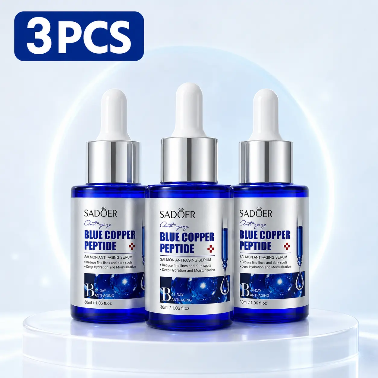 3PCS SADOER Blue Copper Peptide Serum for Face & Neck, GHK-Cu Copper Peptide Anti-Aging Serum with Hyaluronic Acid, Hydrating Firming Daily Skincare Serum for Fine Lines, Lightweight Non-Greasy Face Serum, 30ml