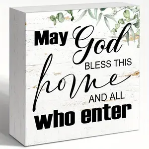 May God Bless This Home And All Who Enter Sign, Rustic Religious Motivational Wood Box Sign, Christian Desk Shelves Wall Decor for Living Room Bedroom 5x5 INCH