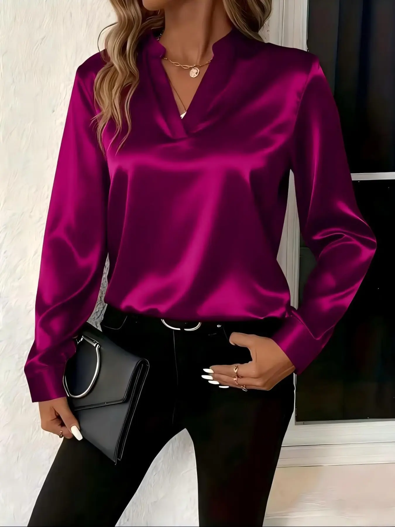 Women's Fashion Satin V-Neck Long Sleeve Basic Casual Shirt Top, Elegant Chic Ladies' Blouse for Daily Wear, Stylish and Comfortable, Casual Comfy Shirt