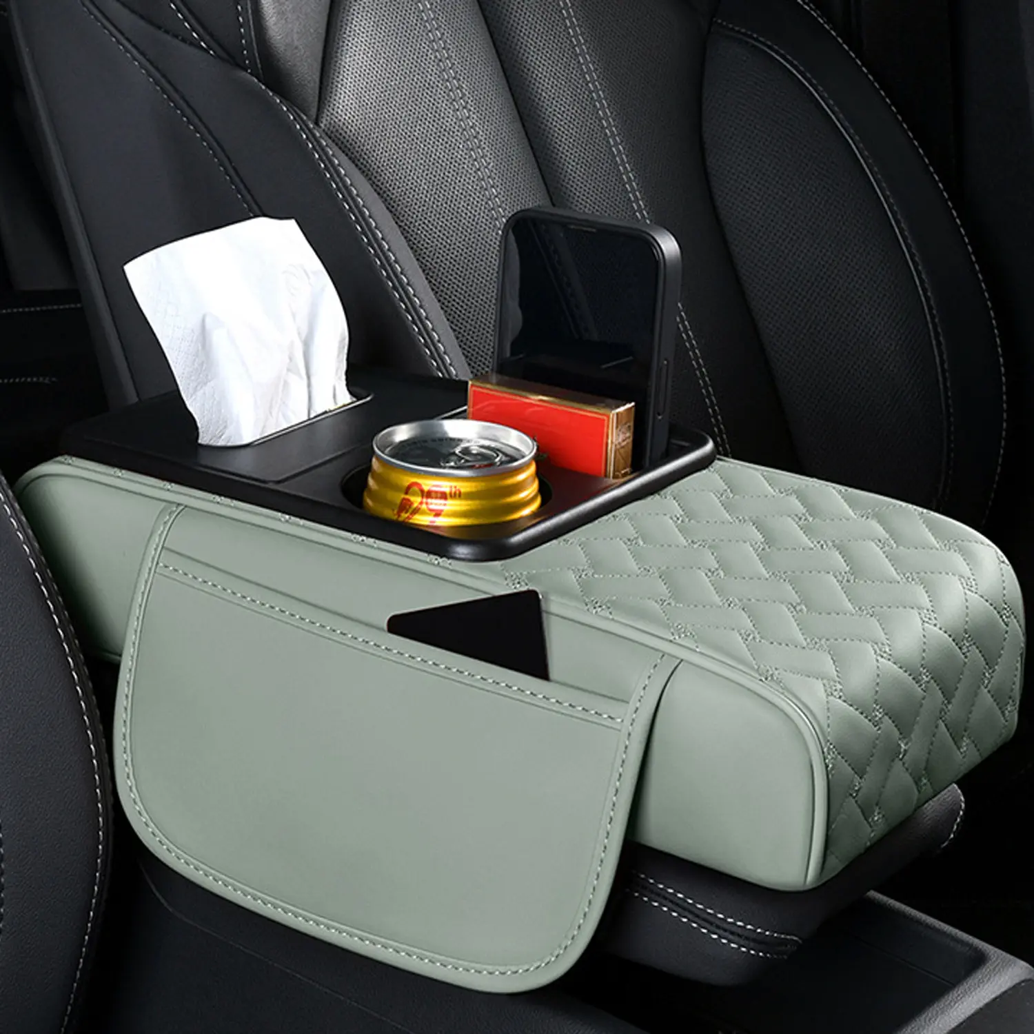 Car Armrest Cushion,5-in-1 Center Console Cover with 2 Storage Bags Cup Holder, Tissue Box Slot, Phone Slot for Sedans, Car Accessories Interior Organizers