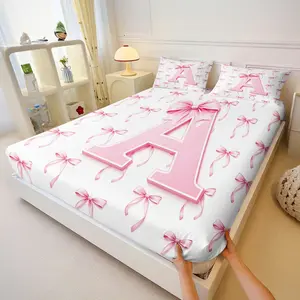 3Pcs Pink Bow Letter Fitted Sheet Set No Fillers, Romantic Coquette Bed Sheet Set, Modern Aesthetic Bedding Set with Pillowcases, Deep Pocket Soft Bed Sheets for Twin Full Queen King Size Girls Bedroom Decor