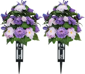 Silk Grave Flowers for Cemetery: 2 Pcs Purple Cemetery Flowers Grave Decorations Spring Easter Mothers Memorial Day - Outdoor Artificial Camellia Bouquets with Vases for Graveside