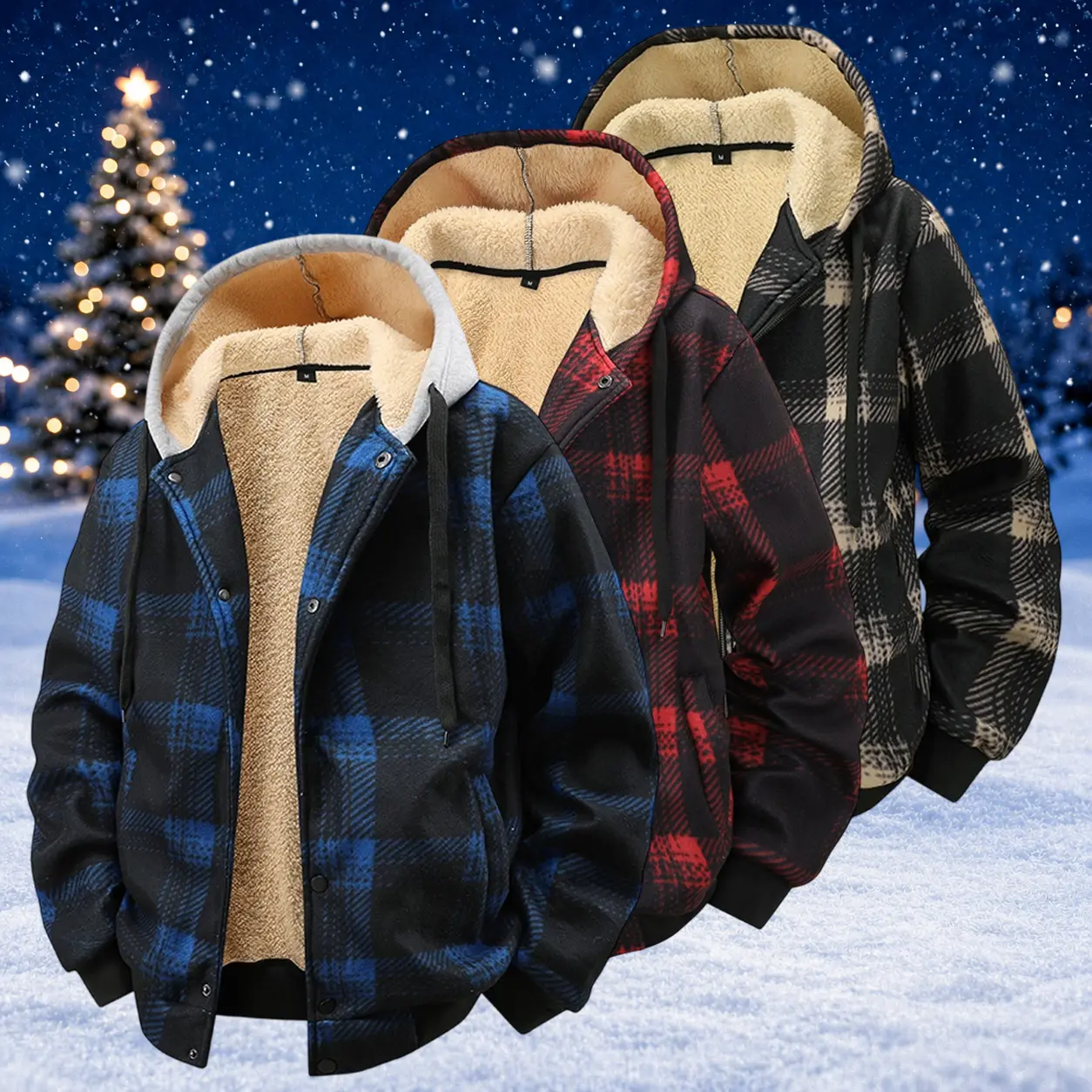 Men's Checked Polyester Flannel Tops, Heavyweight Sherpa Lined Hooded Zip-Up Shirt Jacket with Pockets, Winter Casual Menswear, Shacket, Long Sleeve, Side Pockets