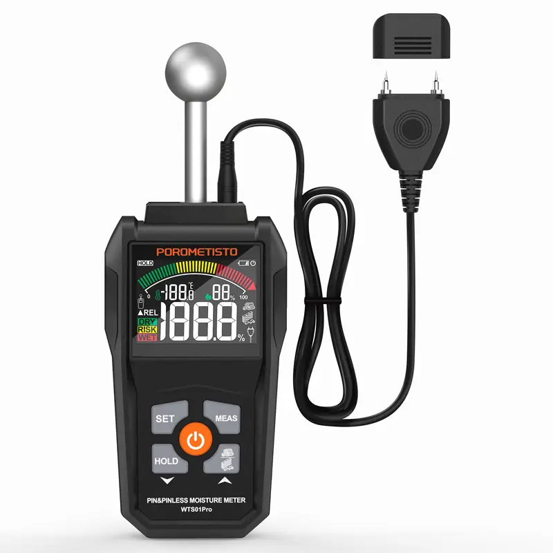 POROMETISTO-WTS01Pro Digital Wood Moisture Meter, 2 in 1 Pin & Pinless Probe sensor, Non-Destructive Moisture Detector, Visual & Audible Alarm, for Wood Drywall Concrete Building Materials Wallboard, Humidity Tester Tool Hardware Home Heavy Duty Handle