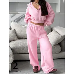Women's Pink Autumn and Winter Short Sweatshirt and Loose Straight Pants Set, Casual and Fashionable Hooded Long-sleeved Sweatshirt and Sweatpants, Suitable for Daily Outdoor Wear, Comfortable Daily Wear