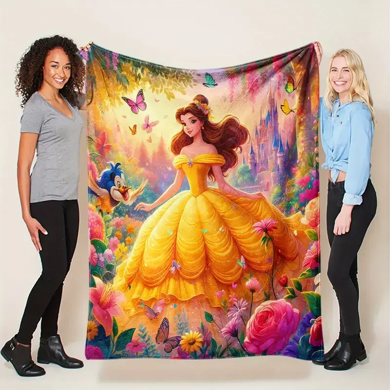 [SummerVibes] DISNEY CLASSIC Belle Princess Flannel Throw Blanket - Vibrant Cartoon Print, Home Decor, Camping & Travel, Soft Cozy Blanket