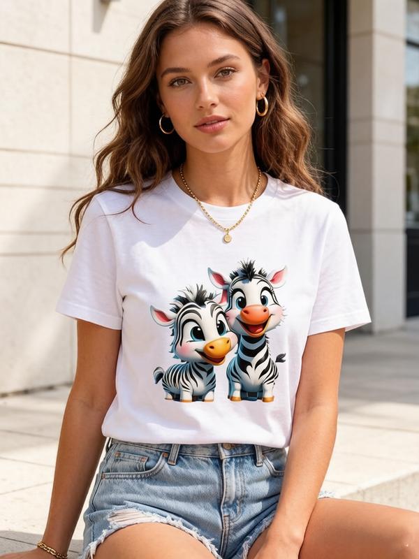 Women's Cotton Zebra Print T-Shirt - Cute Cartoon Twin Zebras Graphic, Crew Neck, Fitted Cut, H-Type, White Short Sleeve Casual Daily Streetwear Tee