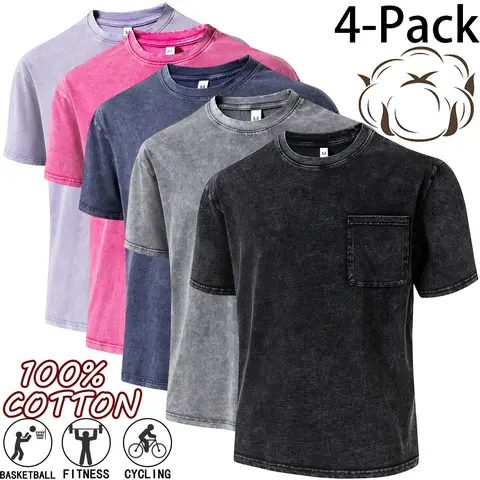 Menswear Men's 100% Pure Cotton Vintage Washed Crew Neck Short-Sleeve T-Shirt - Matching Casual Retro Solid Plain Unisex Couples' Style Versatile Casual Top for Outdoor Sports, Everyday Wear