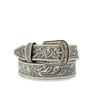 Women's Hand Tooled Belt - Floral White