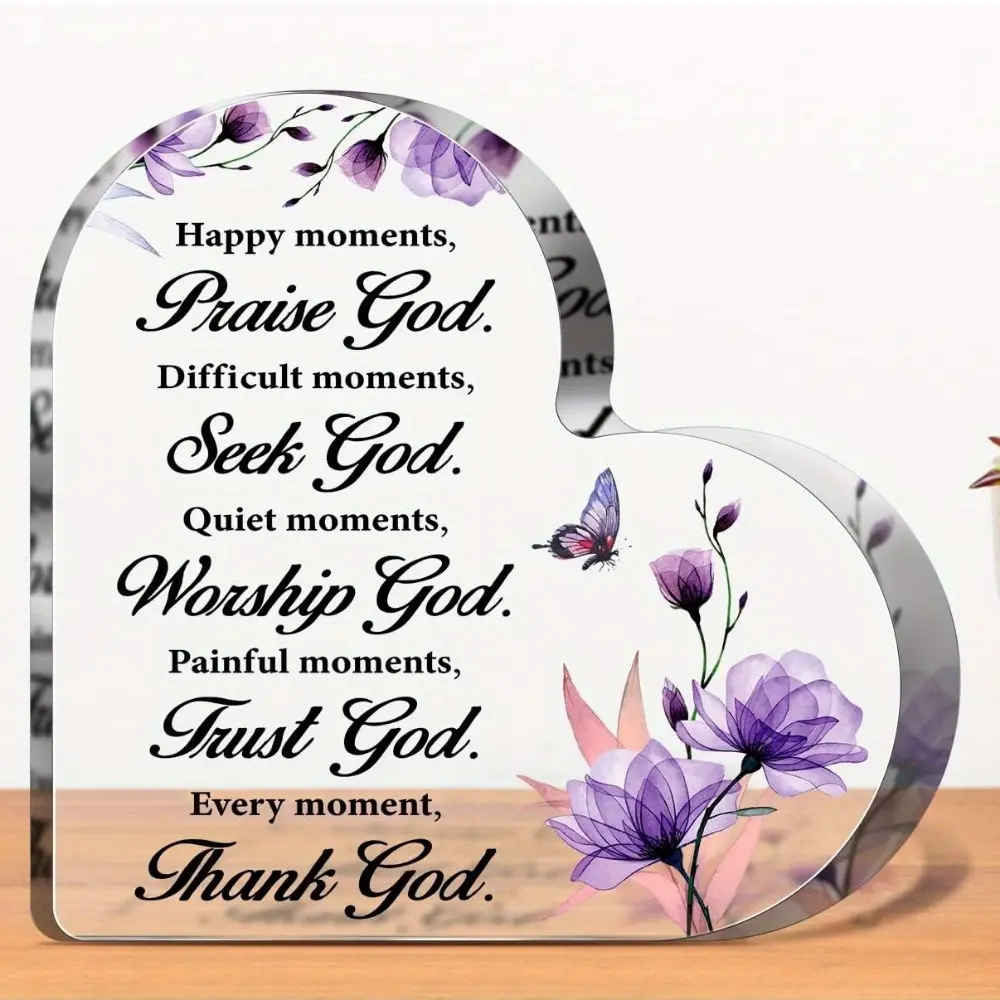 1pc Purple Acrylic Heart Christian Bible Verse Sign, Acrylic Sign for Women's Prayer, Inspirational Art with Spiritual Quote, Grateful Home Office Table Decor & Birthday Gift (Home Supplies Plaque)