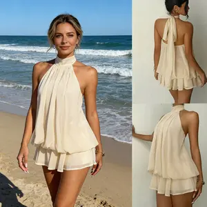 Women's Vacation Fitted Sexy Backless Halter Neck Tie Waist Top with Puff Short Skirt Versatile Solid Color Dress for Casual Wear - Womenswear