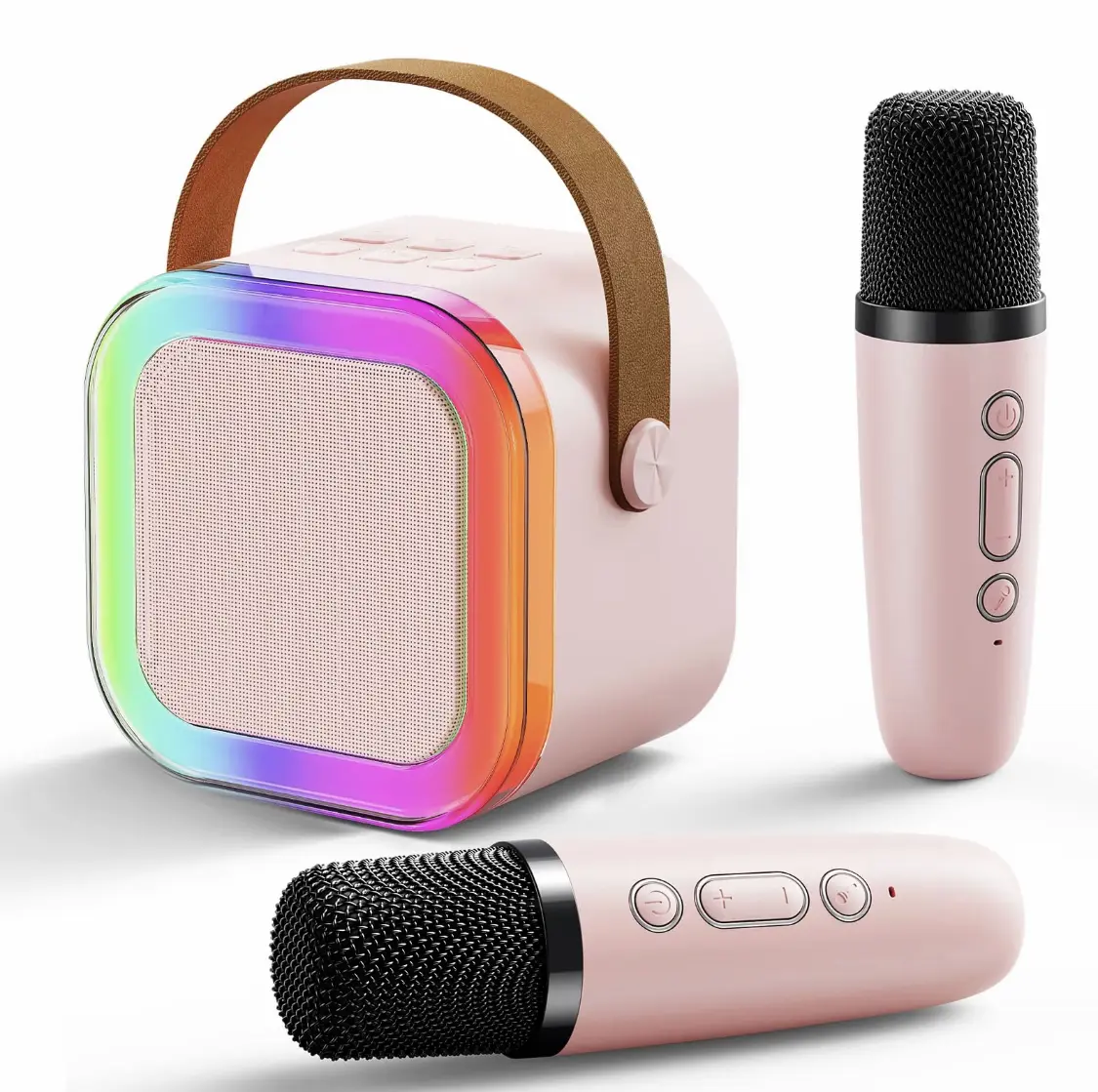 Portable Wireless Karaoke Speaker with 2 Wireless Microphones, HIFI Stereo Sound Subwoofers, RGB LED Lights, Adjustable Handle, Smartphone-Connectable Bluetooth USB Audio Device for Kid, Outdoor Sports, Room Use (Noise-Reducing Fall & Summer Companion)