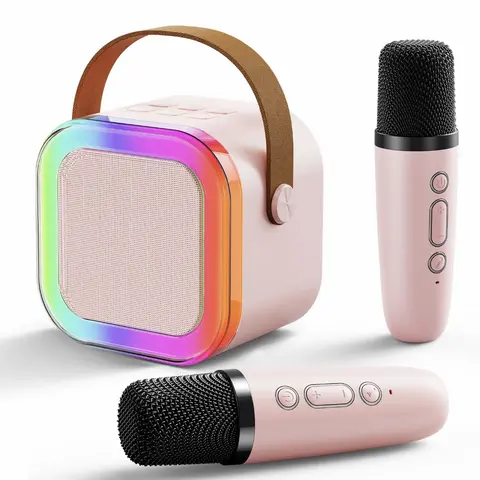 Portable Wireless Karaoke Speaker with 2 Wireless Microphones, HIFI Stereo Subwoofers, RGB LED Lights, Adjustable Handle, Aux Input - Mini Instant Bluetooth Speaker for Music Setup, Home Entertainment, Gift Ideas for Music Lovers (Noise-Reducing)