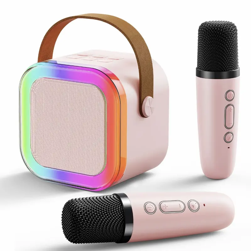 Portable Wireless Karaoke Speaker with 2 Wireless Microphones, HIFI Stereo Subwoofers, RGB LED Lights, Adjustable Handle, Aux Input - Mini Instant Bluetooth Speaker for Music Setup, Home Entertainment, Gift Ideas for Music Lovers (Noise-Reducing)