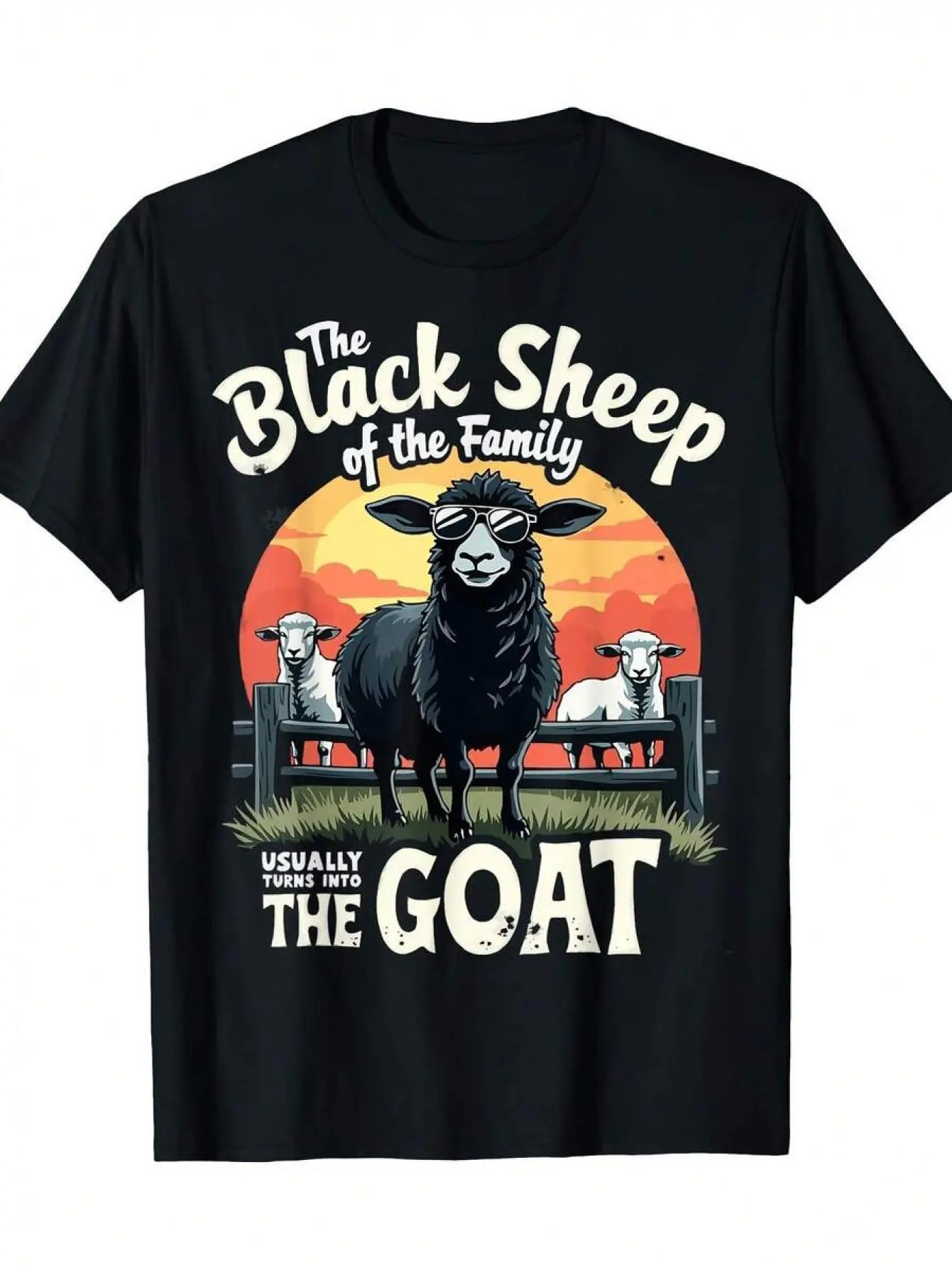 [Printed T-Shirt] Black Sheep Family Goat Pattern T-Shirt| Casual Round-neck T-shirt, Machine Washable, for Teenager