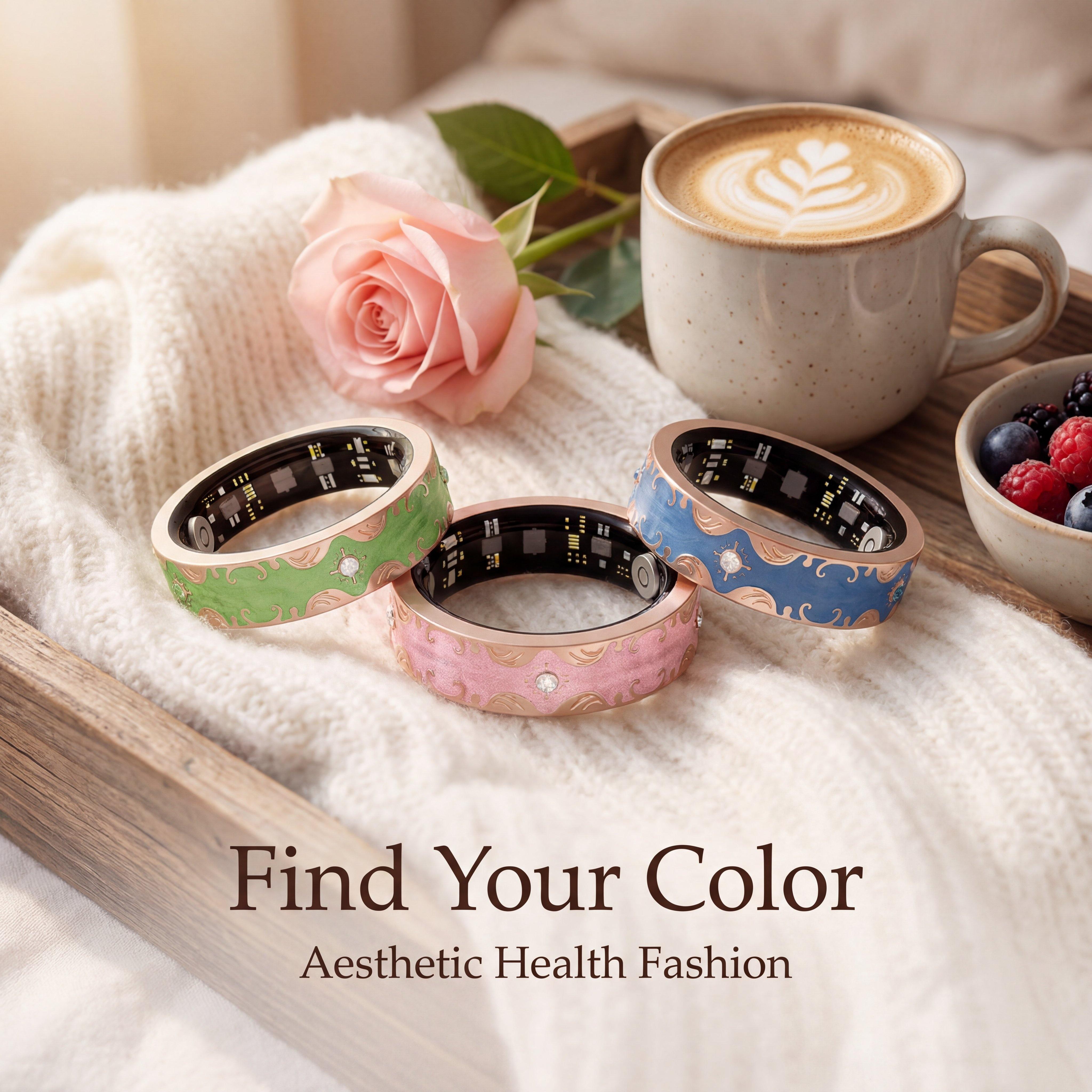 Aesthetic Smart Ring for Women & Men - Pink/White/Green Wellness Tracker, No Monthly Fee, 6-Language App & Manual, 5ATM Waterproof Jewelry Ring, Ideal Birthday Gift for Her