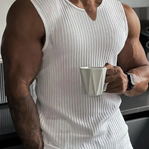 Men's summer sleeveless striped knitted polyester vest, Muscle Tank Tops, comfortable and fashionable casual wear, high elasticity, breathable and form-fitting design, suitable for fitness exercises and running, American casual sporty style