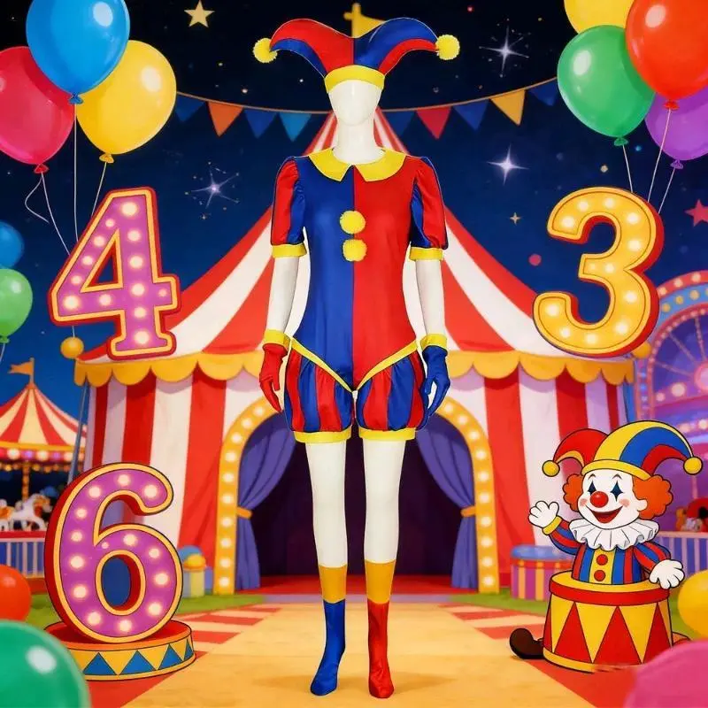Pomni Clown Cosplay Costume, Polyester Jumpsuit Set from The Amazing Digital Circus for Adults and Kids Halloween Parties, Fabric, Clown Suit, Full Body, Circus Theme, Unisex, Clothes, Halloween Party, 2Xl, Children 110, Multi-Size, Set Sizes