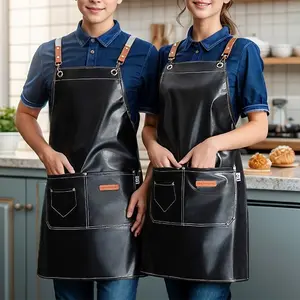 Waterproof PU Leather Apron with 2 Large Pockets, Adjustable Oil-Resistant Apron for Kitchen Dishwashing Cooking Restaurant Supermarket Bakery Kitchen Cooking Aprons