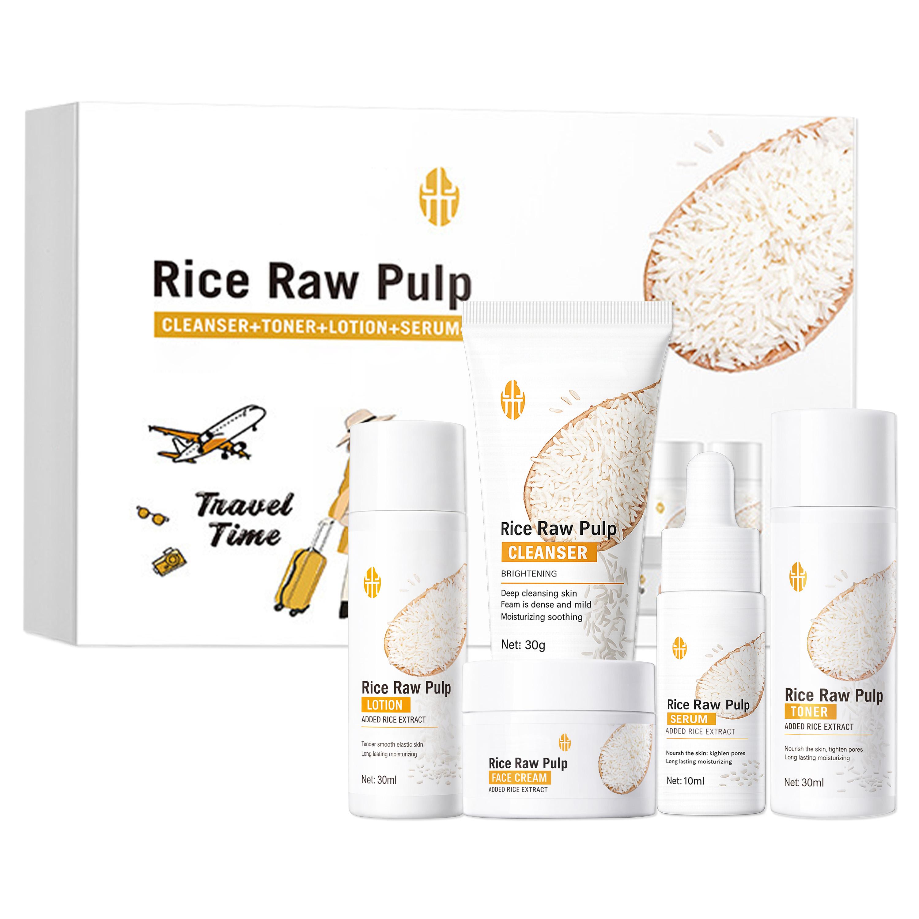 Rice Raw Pulp Travel 5-Piece Set Cleanser Toner Serum Lotion Face Cream Daily Hydration Gentle Care Starter Set for Facial Care