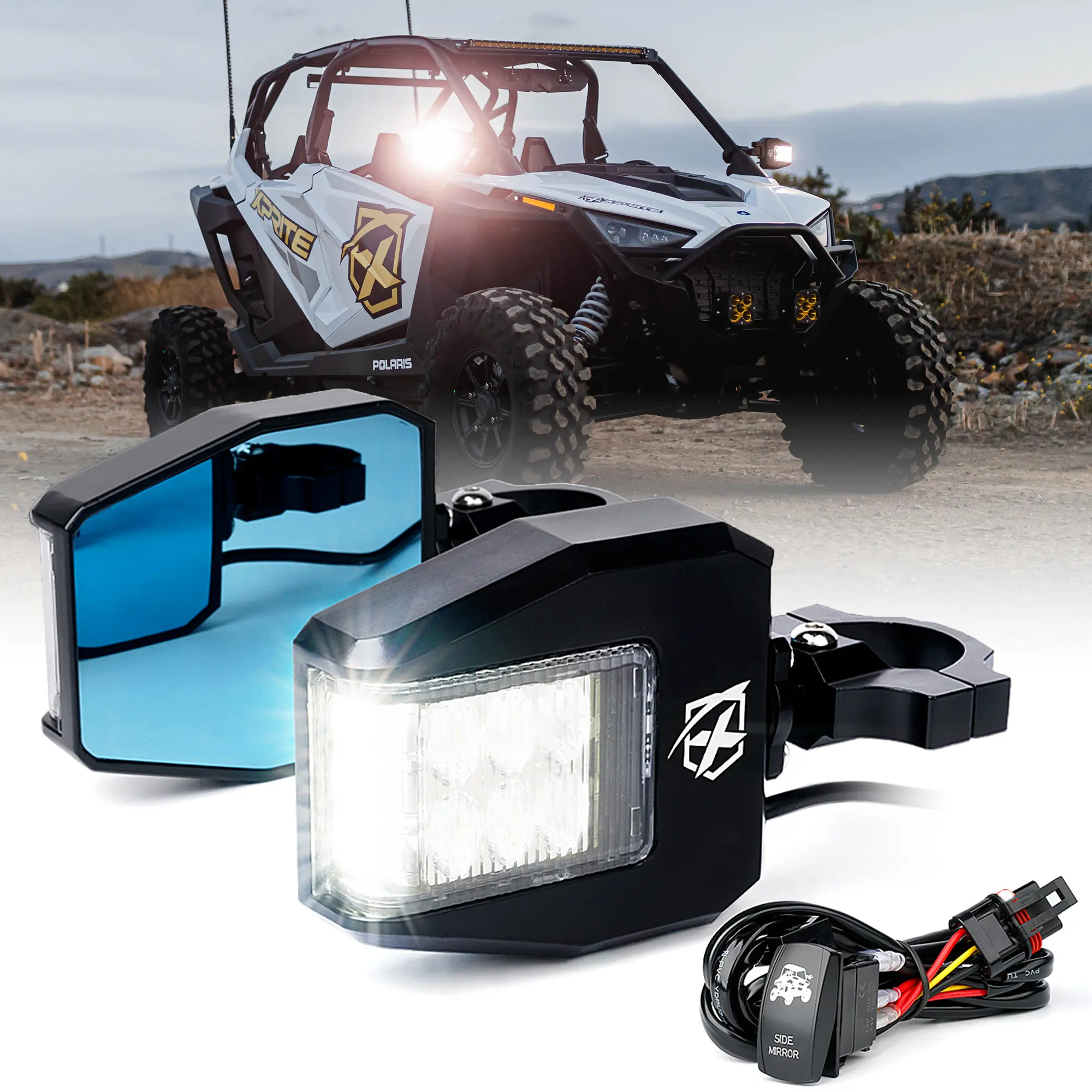 Xprite UTV Side Mirrors with LED Spot Lights – Anti-Glare Blue Tinted Off-Road Mirrors | Destiny Series