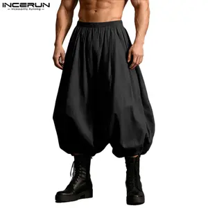 INCERUN Men's Traditional Wide Leg Baggy Ankle-Length Balloon Harem Pants - Drop Crotch Fluid Fabric Boho Comfy Trousers, Samurai-Inspired Streetwear Bottoms for Yoga
