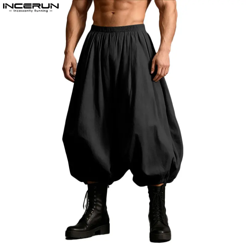 INCERUN Men's Plain Black Traditional Wide Leg Baggy Ankle-Length Balloon Harem Pants - Drop Crotch Fluid Fabric, Casual Loose Fit, Boho Comfy Menswear Streetwear Outfits, Samurai-Inspired Athleisure Bottoms for Yoga