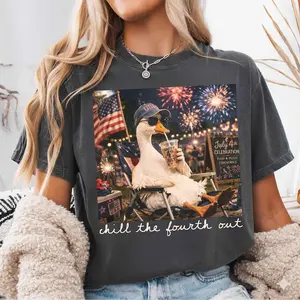[Sale up to 50%] [Free Ship] Chill the Fourth Out T-Shirt, Goose 4th of July Shirt, Funny Patriotic Goose Ice Drink Coffee, Independence Day, Retro USA Vibes, Goose Summer