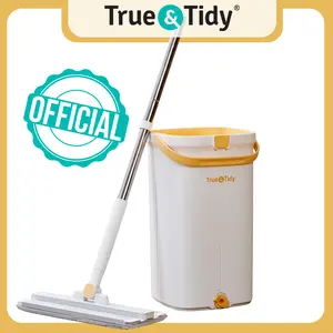 True & Tidy Mop & Bucket with Pump: Hands-free, separates clean/dirty water, 3 compartments, great for pets, 2 washable microfiber pads mop deep cleaning Aluminium Brush Plastic