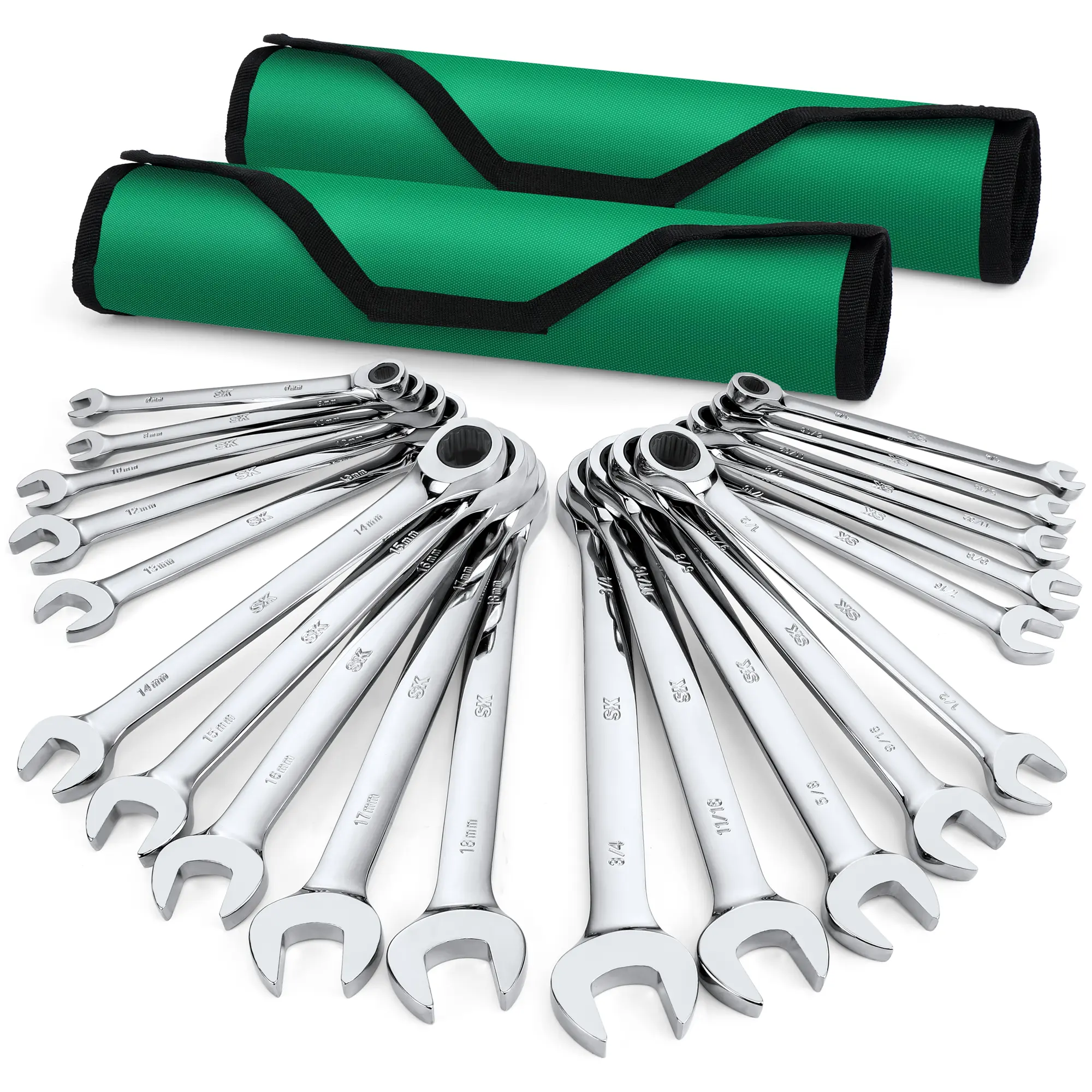 #summersale SK Ratcheting Wrench Set, Combination Wrench Set, 20-Pack, SAE 1/4" to 3/4", Metric 6 to 18mm, 72-Tooth, Premium CR-V Construction, with Rolling Pouch