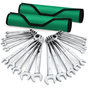 #fathersdaygift SK Ratcheting Wrench Set, Combination Wrench Set, 20-Pack, SAE 1/4" to 3/4", Metric 6 to 18mm, 72-Tooth, Premium CR-V Construction, with Rolling Pouch