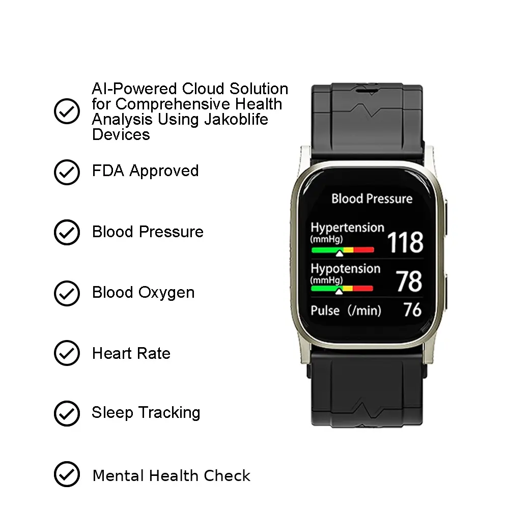 Jakoblife AI Gold-Tone Metal BP Smartwatch, FDA 510(k) Cleared, Airbag Blood Pressure, Mental Tracking, Rate, Blood Oxygen,Sleep, Fitness, Free AI Membership for  Health Analysis & Risk Predictions, Bluetooth APP