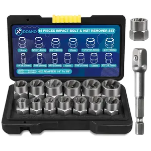 13+1Pcs Impact Bolt Extractor Kit & Lug Nut Removal Tool, Cr-Mo Rounded Bolt Remover, Stripped Bolt Extractor Set with Solid Storage Case for Removing Damaged, Rusted, Nuts and Bolts