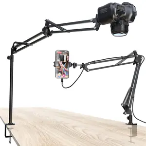 Overhead Tripod Mount for Camera, Webcam and Ring Light, Flexible Phone Holder with Ball Head, Phone Clip and Bracket Base, Table Stand for Phone Video Recording, Live Streaming and Selfie Fill Light, Tabletop Tripod