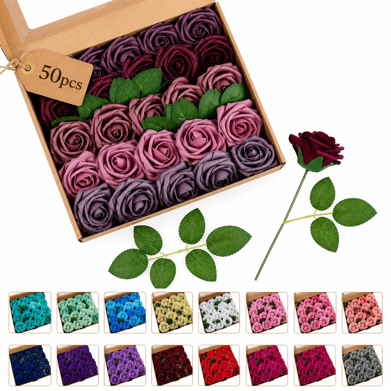 50pcs Realistic Foam Rose Flowers with Stems, Artificial Roses for DIY Wedding Bouquets, Centerpieces, Bridal Shower, Party & Home Decor