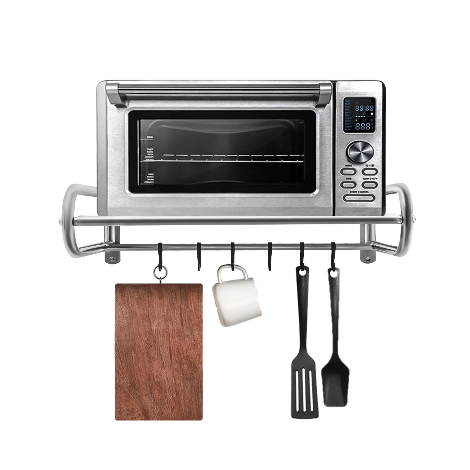 Stainless Steel Wall-Mounted Microwave Stand - Silver, Modern Style, 1-Piece Wire Drawn Single-Layer Rectangle, 30kg Capacity, 6 Hooks, 53*38*18cm Hanging Kitchen Gadgets Organizer with Installation Hardware for Toasters, Utensils