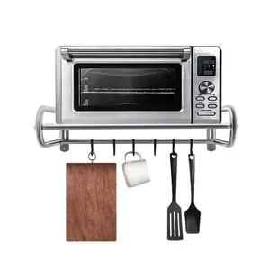 Stainless Steel Microwave Stand Silver Wall-Mounted Modern Style 30kg Capacity with 6 Hooks for Kitchen Living Room Toasters Utensils Spices Condiments Storage Organiser Racks