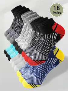 Men's Patchwork Honeycomb Print Ankle Socks, Breathable Comfortable Socks for Daily Wear, Athletic Running Socks for Men