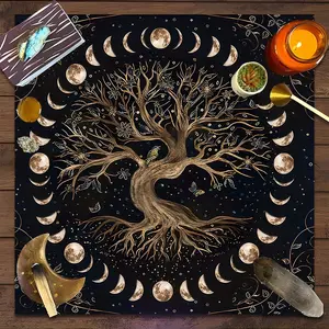 Mystical, Spiritual Celestial Tree of Life Moon Square Tarot Tablecloth, Cycle Phase Design Witch-style home decor Altar Cloth Sacred Space Multiple Sizes Polyester Fabric, Decorative Divination Cloth for Spreads & Rituals Gift for family and friends