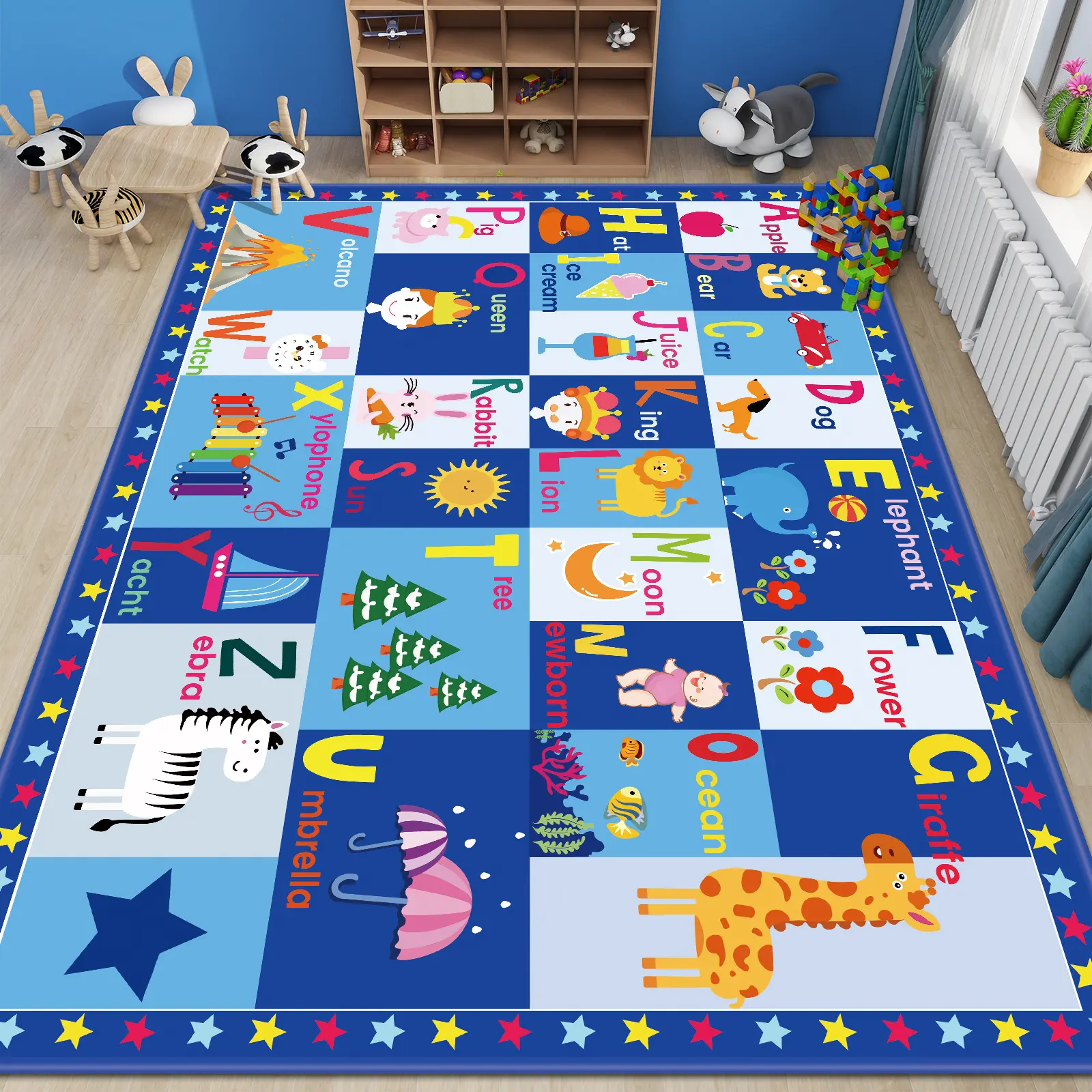 Toddler Early Learning Play Rug, ABC Letters with Cartoon Objects & Animals Educational Playmat, Anti-Slip Soft Floor Mat, Baby Crawling Carpet Gift for Boys Girls kids thicken cotton baby playmats