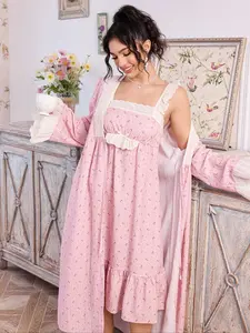 Palace Nights Vintage Court Style Colorblock Lace Trim Floral Halter Dress Long Sleeve Ruffle Open Front Robe Two Piece Set