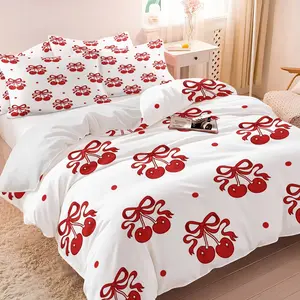 Red Bow Heart Pattern Duvet Cover Set,Includes 1Duvet Cover and 1-2 Unfilled Pillowcases,Plump Red Cherries Bow Print Bedding Set,Cute Girly Bedding Set,Suitable for Decorating or Gifting Bedrooms for Girls, Children, Teenagers, and Women